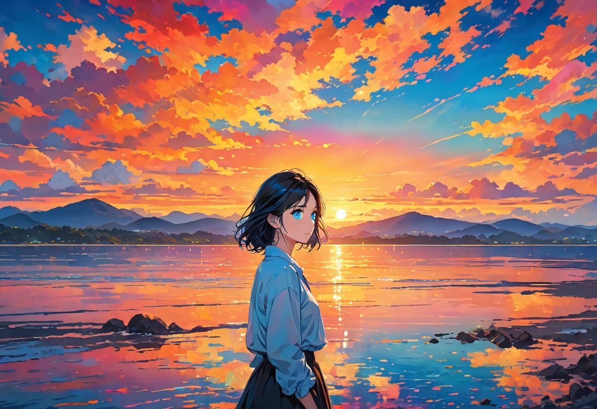 Woman in front of colorful sunset, single girl, alone, black hair, blue eyes,