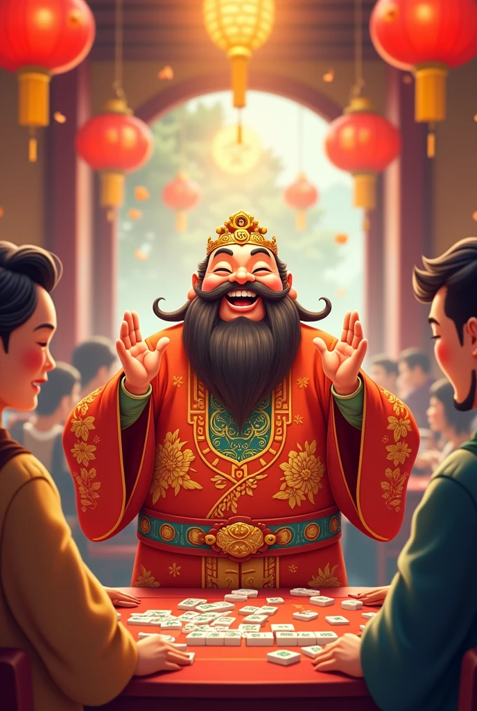 God of Wealth cartoon image，Laugh heartily，Mahjong elements，