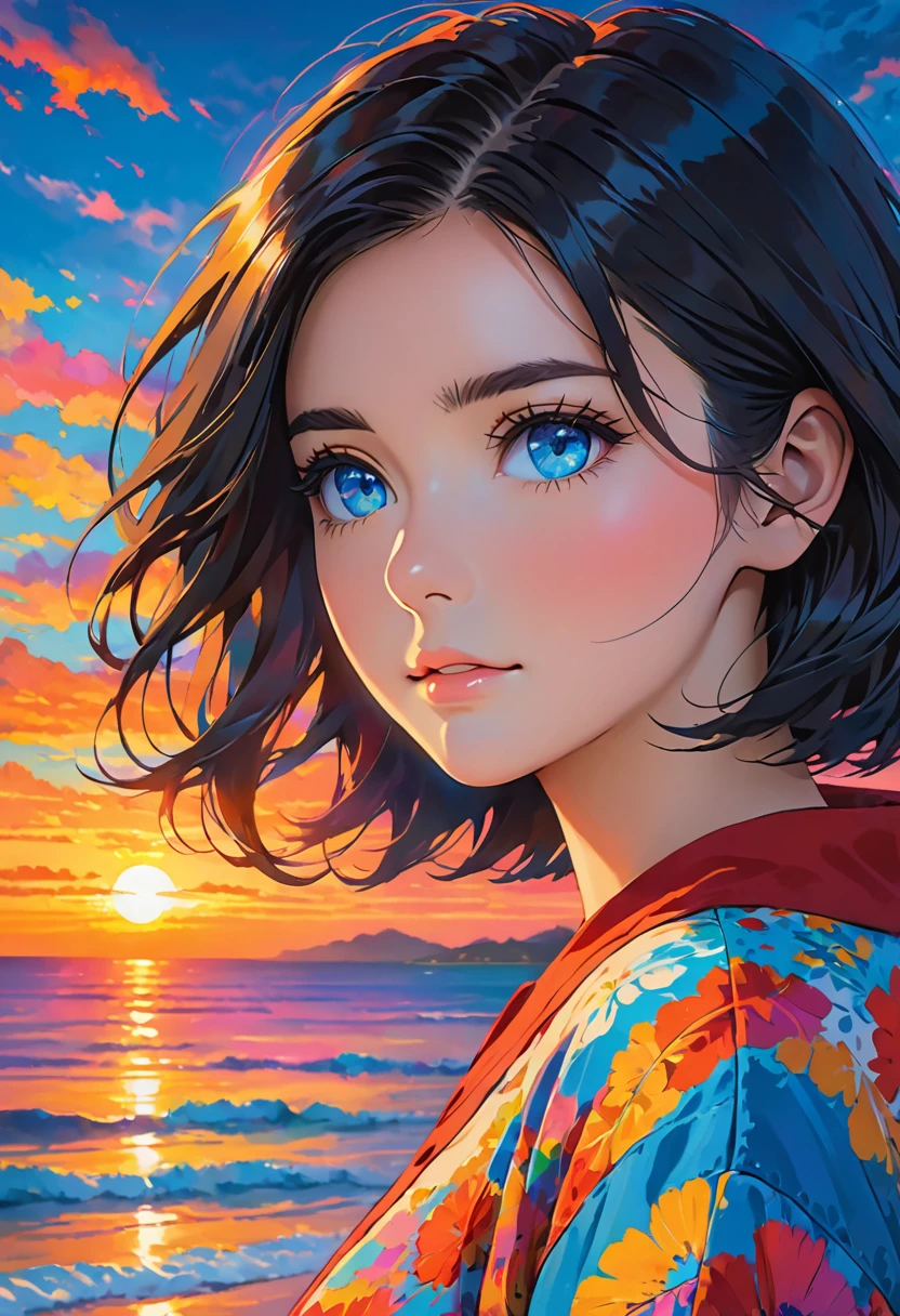 Woman in front of colorful sunset, single girl, alone, black hair, blue eyes,