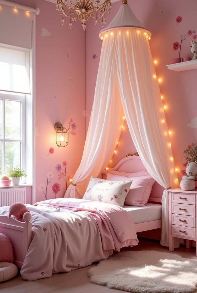 Please design me a fairy tale style bedroom for my girl., with gentle and peaceful design, bright color with pink as the main color
