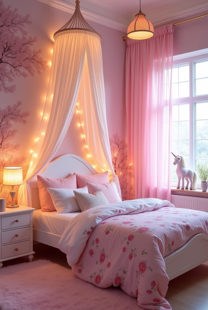 Please design me a fairy tale style bedroom for my girl., with gentle and peaceful design, bright color with pink as the main color