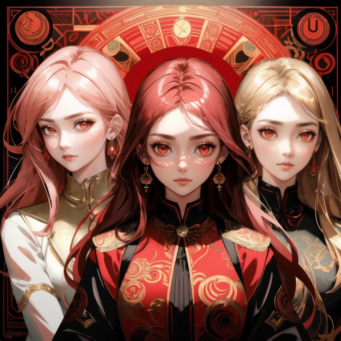 A stunning anime-style poster of the three red-eyed girls, each with different expressions and poses, surrounded by an array of futuristic lights that create mesmerizing patterns in shades of gold and crimson. The background is adorned with intricate designs, adding to their fantastical appearance. They wear uniforms with metallic accents, embodying elegance and power. The focus is on their faces.