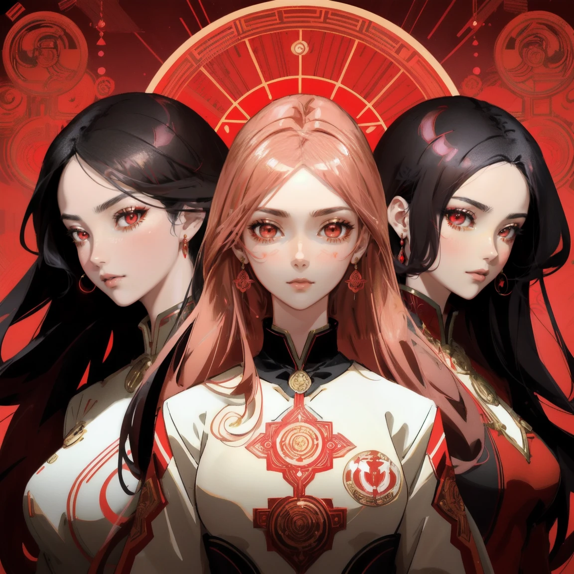 A stunning anime-style poster of the three red-eyed girls, each with different expressions and poses, surrounded by an array of futuristic lights that create mesmerizing patterns in shades of gold and crimson. The background is adorned with intricate designs, adding to their fantastical appearance. They wear uniforms with metallic accents, embodying elegance and power. The focus is on their faces.