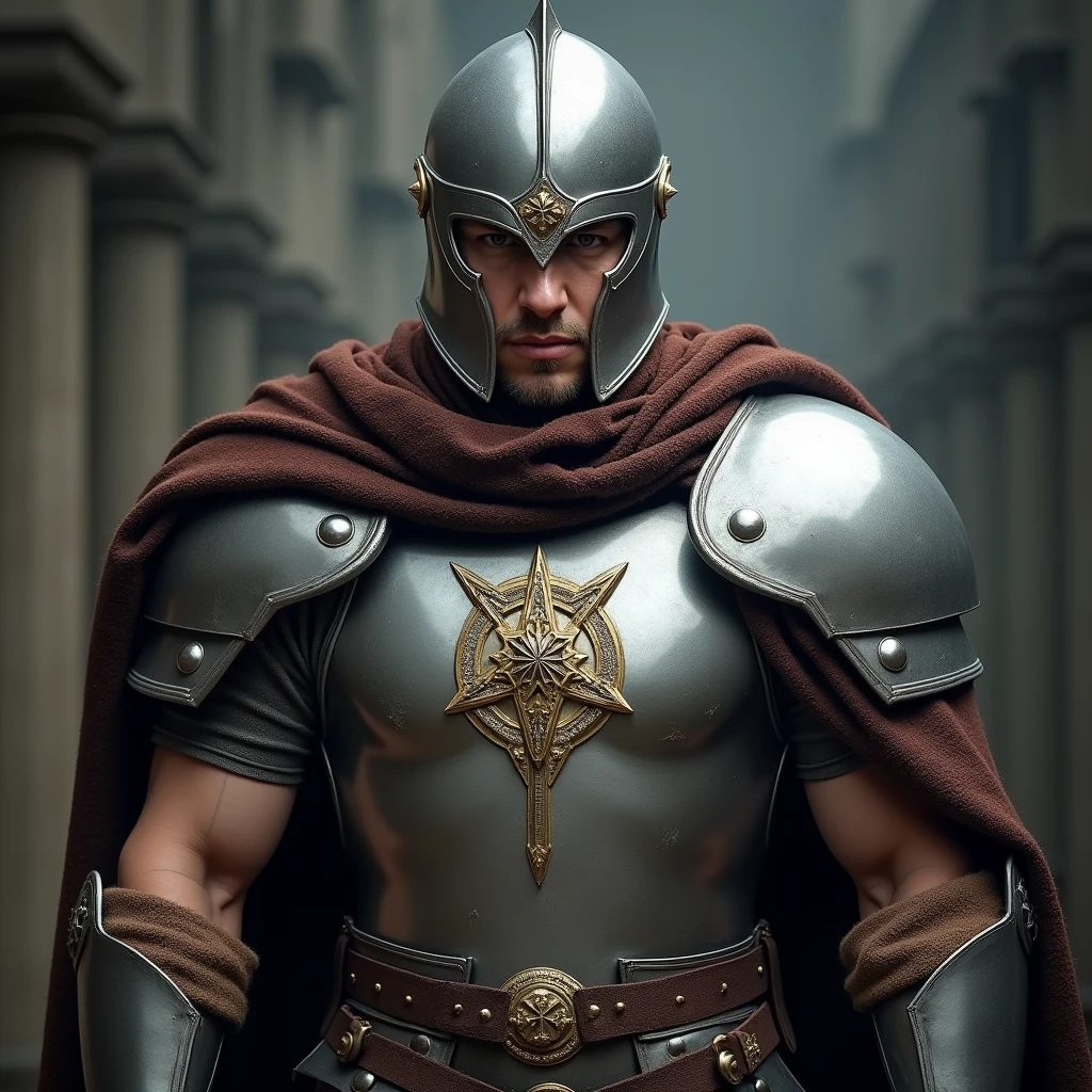 A white man in his 30s, wearing RPG game warrior-style clothing and a helmet that covers his entire face. The helmet is silver, The helmet is circular in shape and has a thick cross-shaped band on the front of the face centered around the eyes. Only the eyes have eye-shaped holes so they can see. The brown collar is thick and high around the neck. Silver armor covers the chest area, but the abdominal muscles are exposed. The shoulders are also armor-style with bare skin exposed, and the shoulders are without any protective gear, showing large muscles. There are silver round buttons on both sides of the shoulder bones, and they are fastened to these buttons, so that the cloak is connected behind the shoulders. There is a large, subtle gold decoration in the center of the chest armor. It is a simple and heavy decoration in the medieval style. On his hands, he wears very large, sturdy-looking armored armor. A solemn pose with a sword on his shoulder,