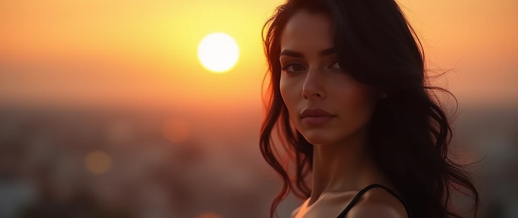 8k, RAW photo, best quality, masterpiece:1.2),(realistic),sunset,soft light,"photo of a Beauty persianwomen , extremely beautiful face,bust,curve hairstyle,black hair color,pigsney, adult content,nsfw,cleavage, dress,black high heel.
