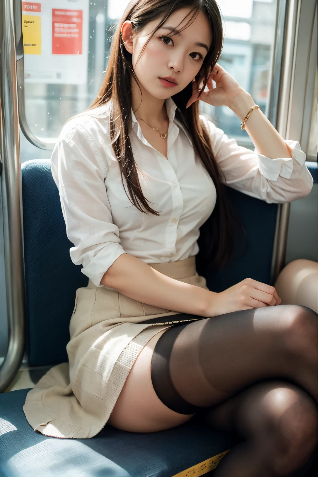 (masterpiece, Highest quality, 8k, RAW Photos, beautifully、beautiful:1.2), Intricate details, indirect lighting, Realistic, whole body, Sitting on a chair on the train、Gazing at the audience、Voyeur、Photographed from the front、Focus on the inner thighs、 Square neck button-down linen sundress, (Ultra-realistic pantyhose)、 Train_women sitting_chair under_skirt underwear panties_visible pantyshot glowing thighhighs