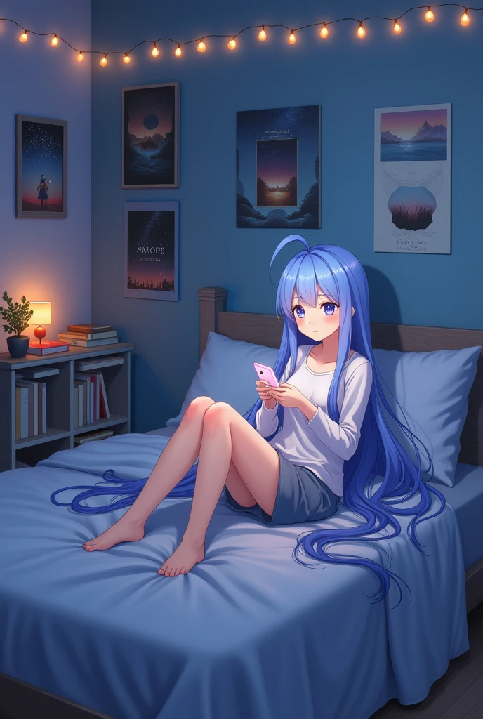 Anime sad girl play with phone in bedroom