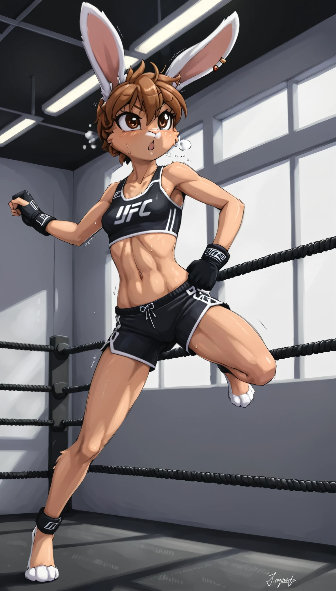 score_9, score_8_up, source_anime, best quality,  wide shot, solo, 

a female bunny, white snout, pink nose, brown eyes, short mohawk hair, bunny ears, ears piercing, bunny paws, slim short athletics body, small breasts, action pose, heavy breath, defending,
wearing black UFC athletic top, black short UFC shorts, wearing UFC black gloves, grabbing her wrist, in a UFC gym, simple background, 

[by Alex Timmermans:by jaynaylor:0.25],
detailed background, detailed foreground, depth of field, ambient silhouette, backlighting,

