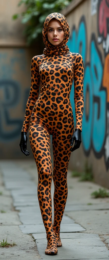 A most beautiful and most thinest muslimah woman with beautiful cheeks wears leopard lycra footed turtleneck unitard catsuit with zentai gloves.She wears leopard lycra spandex hijab.