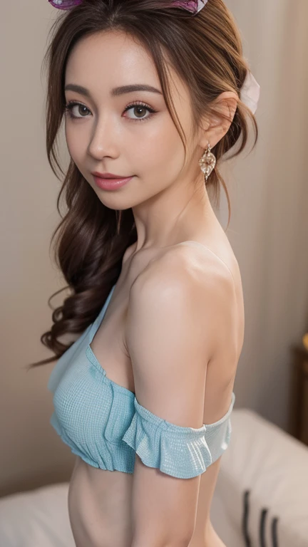1 fille, High resolution, , Queue de Cheval, From top to bottom, electric blue lingerie, opened mouth, brown-hair, high quality, textured skin, Artwork, Fine details, Crystal Earrings, regard face caméra, ultra sexy, fille coreenne tres jolie, bare shoulder, naked tits