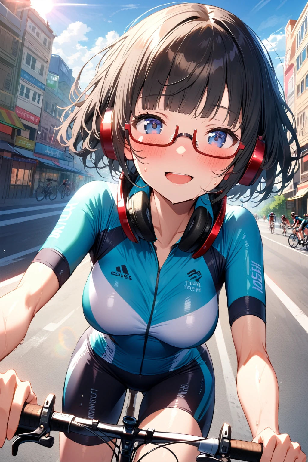 (extremely detailed fine touch:1.3), (((semi-rimless eyewear:1.3))), (wear headphones around neck:0.9), girl, solo, extremely detailed 2.5D face, open mouth smile, blush, short hair, blunt bangs, black hair, medium breasts, sweat, Cycling, Cycling Shorts, Cycling shirt, extremely detailed city, sunshine, lens flare,