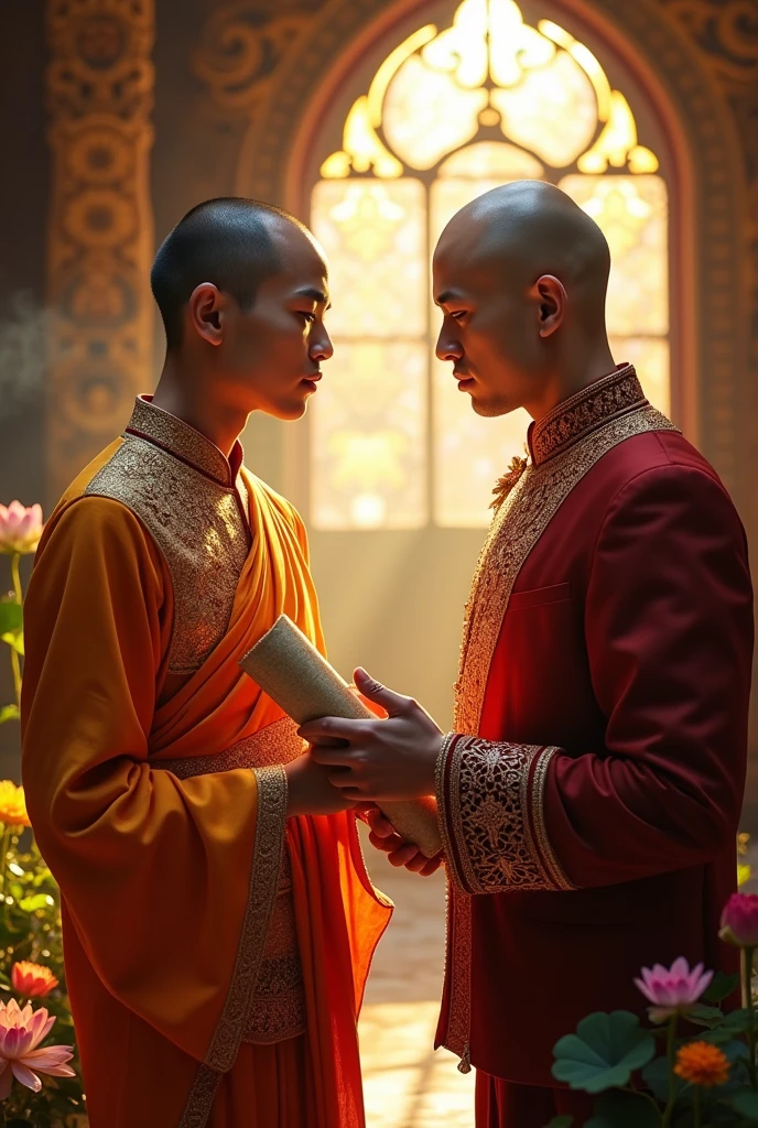 A picture of two young handsome Burmese ancient princes wearing with the prince's suit which has a lot of jewels on it studying from an old wise Buddha follower holding the paper of the preached of Load Buddha in his hand and does not have any hair on his head and beard on his cheek in the monastery.