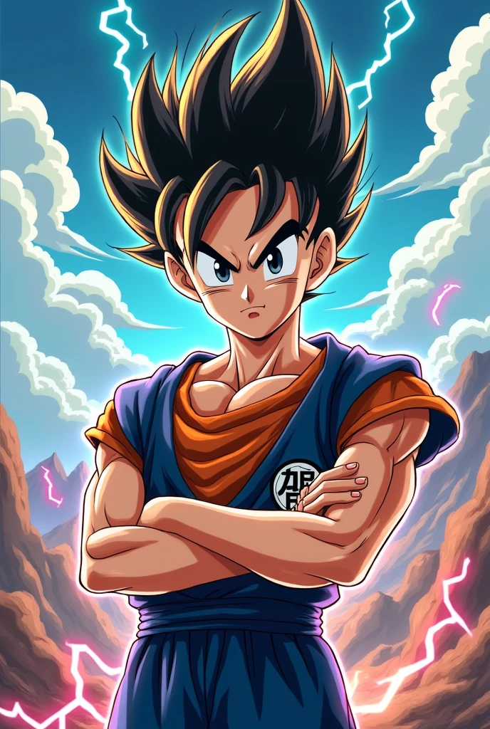 man, young short hair and raised, mohawk style hair, blonde tips but black roots, serious expression, thick eyebrows, big black eyes, delgado, white, Dragon Ball Anime Style