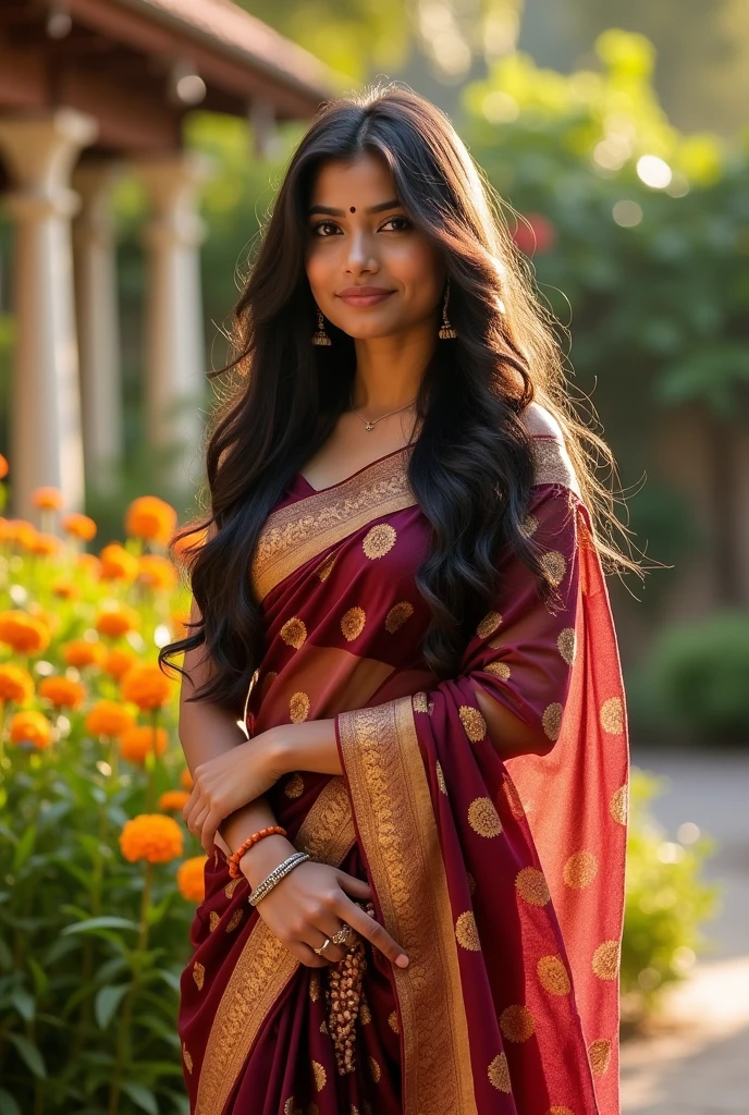 photography of a 20yo hindu sanskari woman, perfect face, big breast in saree