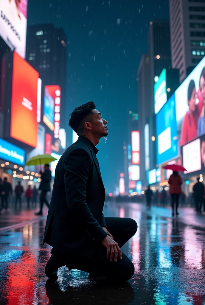 Animate 8k quality pictures of a man wearing black suit nealing down and crying lifting his head looking the sky surrounded by buildings have billboards on the road at night the Sky and clouds and stars are clear of high quality and it's raining 8k and people carrying umbrella passing him