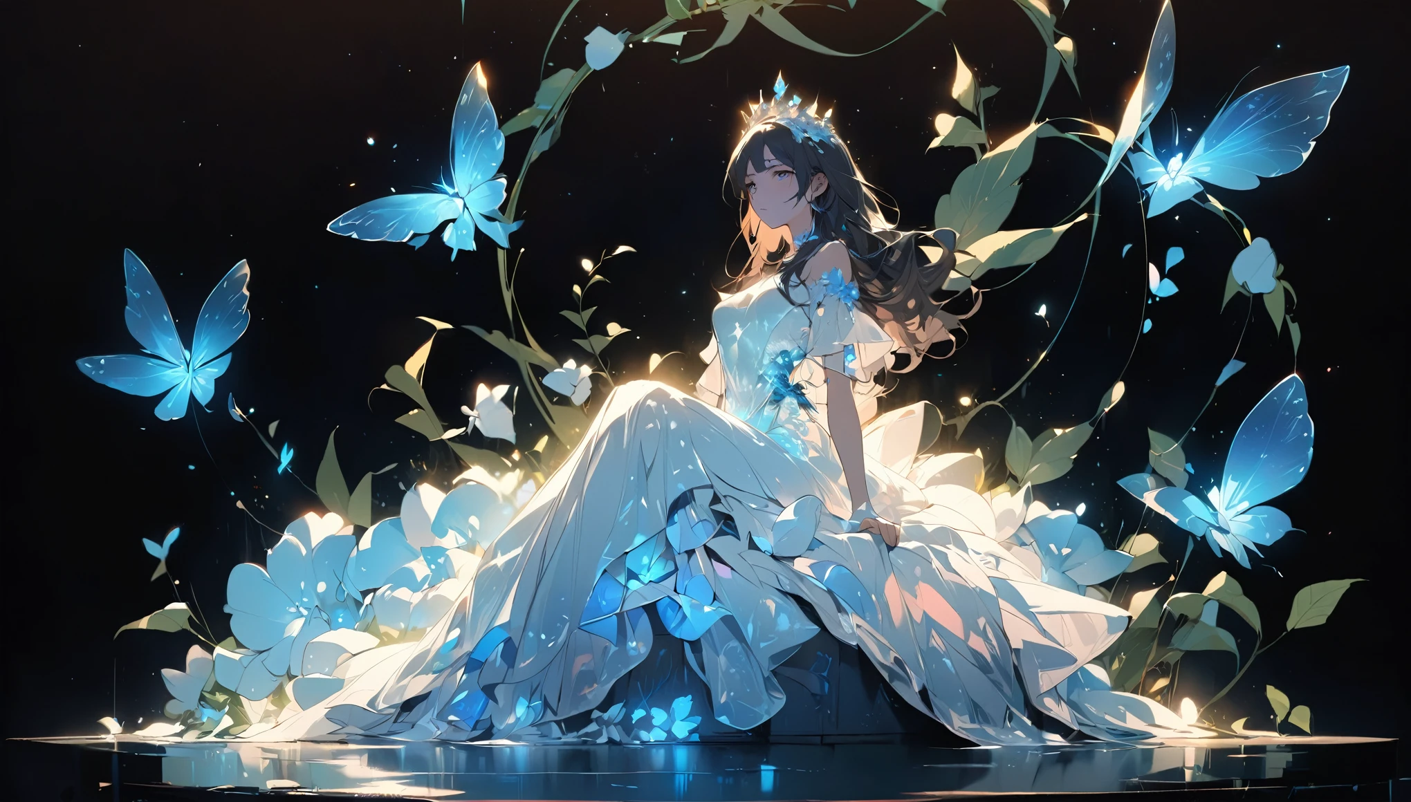 a princess wearing white dress, glowing dress, plastic dress, glowing dress, blue butterflies, detailed face, masterpiece, woman is sitting on a box, plants, flowers, magical, psychedelic, haunting, dark background