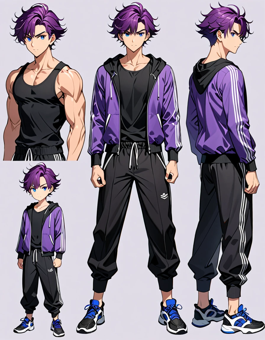 (masterpiece), (best quality), (high res), male, tall body, beautiful detailed eyes, beautiful detailed face, serious, perfect hands, complete fingers, perfect anatomy, perfect proportions, ((purple hair, short hair, mushroom hair style )), ((blue eyes)), (( purple jacket, black tank top and black buggy pants outfit)), muscles, looking at viewer, (solo, solo focus), standing,, sword on the back, full body costume design. Simple background, Multiple Views, Character Sheet Full-Length.