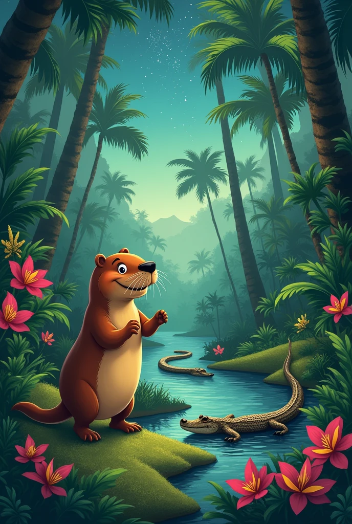 I need you to make me a realistic image where the capybara smiled, the alligator joined,
And the anaconda also approached stealthily.
in the middle of the jungle, they finally met,
They danced and laughed, under the indigo sky.
