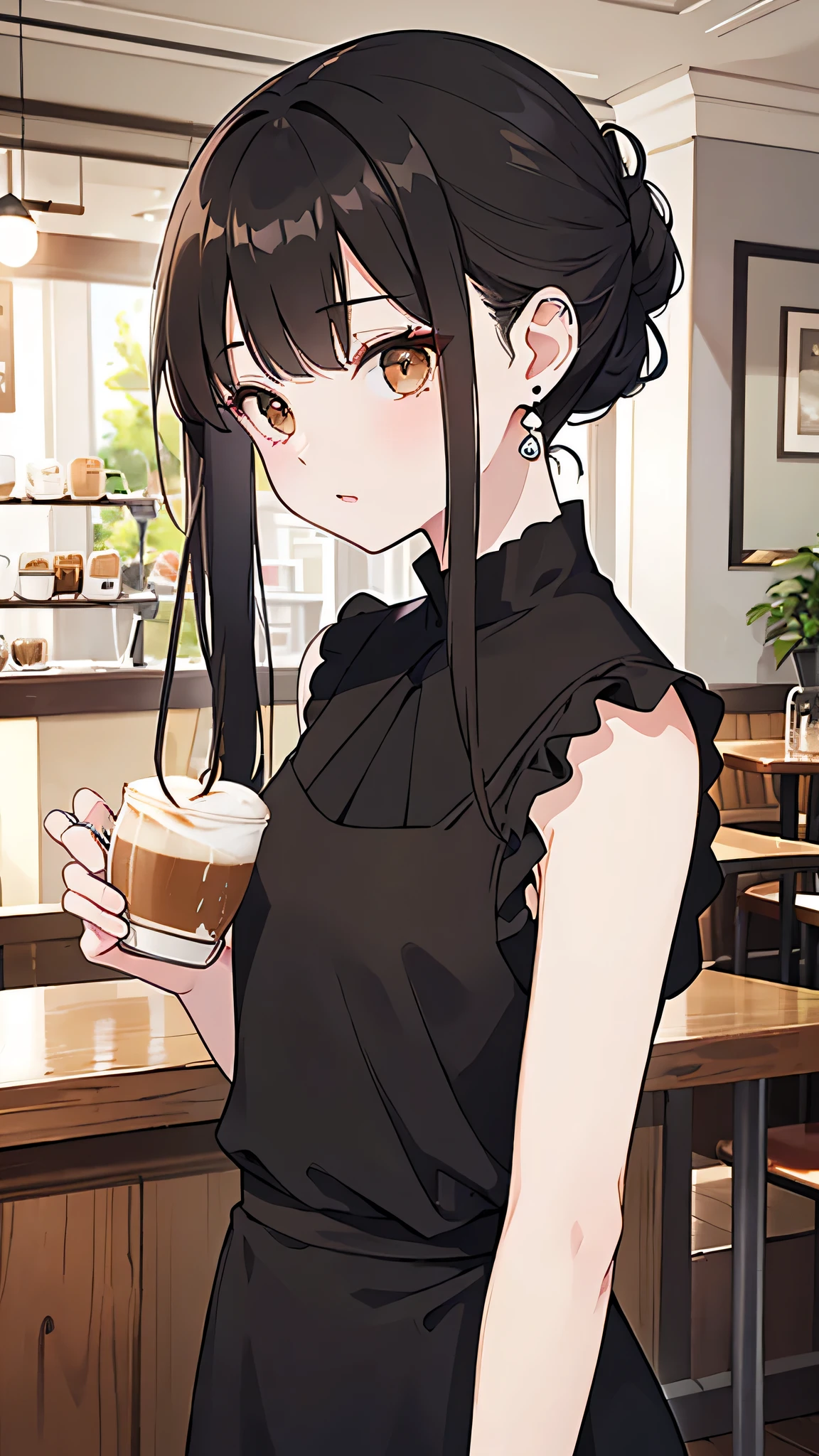 Highest quality, High resolution,thin、Brown eyes、expensive、Black Hair、(amount:1.3)、(semi-long:1.3),Hair Bun、(Cafe:1.4)、Sleeveless、(Black blouse:1.3)、cardigan、Earrings