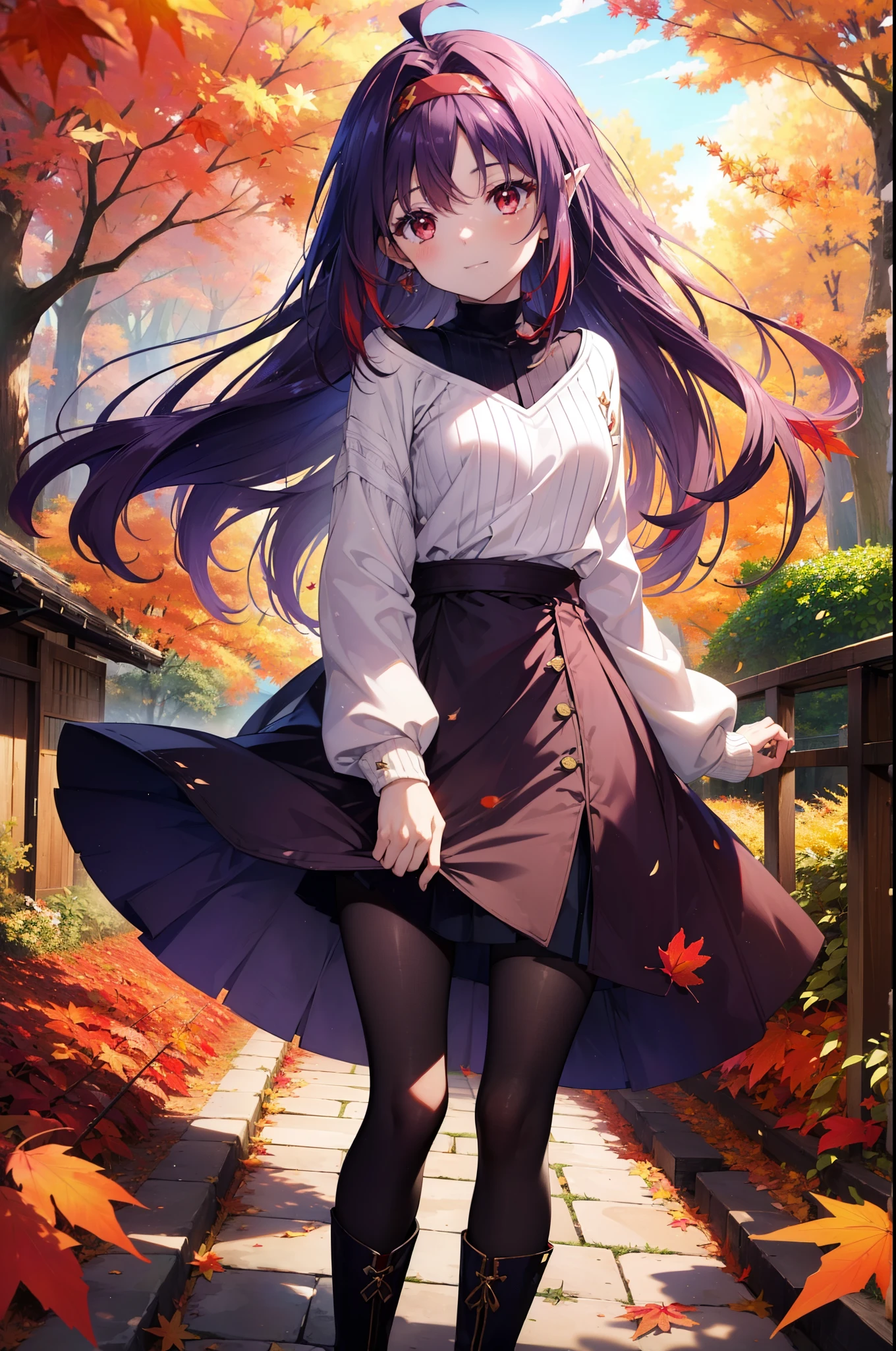 yuukikonno, Yuuki Konno, hair band, Long Hair, Pointed Ears, Purple Hair, Ahoge,(Red eyes:1.5), (Small breasts:1.2), smile,blush,Close your mouth,purple v neck sweater,Long skirt,Black pantyhose,short boots,Walking,autumn leaves,autumn leaves,scattered,autumn leavesが積もっている,Autumn sky,whole bodyがイラストに入るように,
break looking at viewer, whole body,
break outdoors, garden,forest, nature,
break (masterpiece:1.2), Highest quality, High resolution, unity 8k wallpaper, (figure:0.8), (Beautiful attention to detail:1.6), Highly detailed face, Perfect lighting, Highly detailed CG, (Perfect hands, Perfect Anatomy),