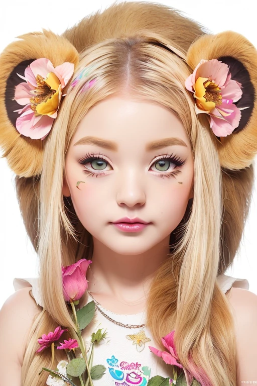 ((white background)), ((clipart )), ((sticker)), (((lion ear)), watercolor beautiful wild rose fantasy art, perfect eyes with beautiful face and flowers, angel wings, chibi cute animation style, vivid vivid colors, intricate details, hyper detail, hyper quality, 32K, Unreal Engine, isolated on white background, cute, twinkle