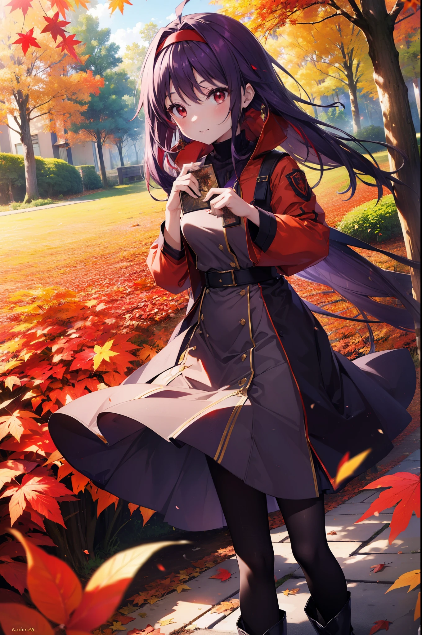 yuukikonno, Yuuki Konno, hair band, Long Hair, Pointed Ears, Purple Hair, Ahoge,(Red eyes:1.5), (Small breasts:1.2), smile,blush,Close your mouth,purple v neck sweater,Long skirt,Black pantyhose,short boots,Walking,autumn leaves,autumn leaves,scattered,autumn leavesが積もっている,Autumn sky,whole bodyがイラストに入るように,
break looking at viewer, whole body,
break outdoors, garden,forest, nature,
break (masterpiece:1.2), Highest quality, High resolution, unity 8k wallpaper, (figure:0.8), (Beautiful attention to detail:1.6), Highly detailed face, Perfect lighting, Highly detailed CG, (Perfect hands, Perfect Anatomy),
