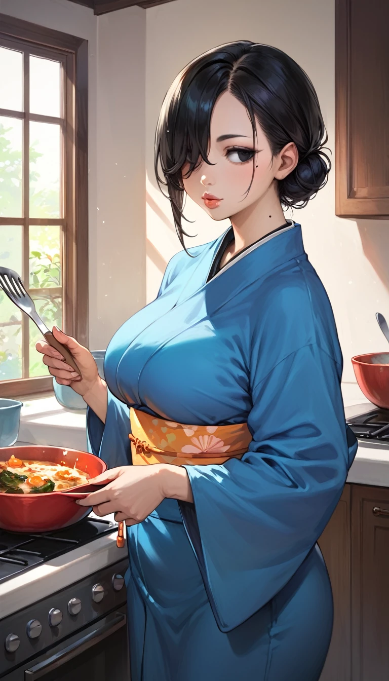 (score_8, score_8_up,masterpiece,highest quality,Perfect Anatomy,Exquisite detailed,realistic)(hyper realistic:1.2)1 Japanese woman,tsurime(narrow eyes:1.1)black eyeshadow,busty,big hips,Plump,black hair,low bun,hair over one eyemole under eye,black eyes,thick lips,blue kimono,looking away,Cooking