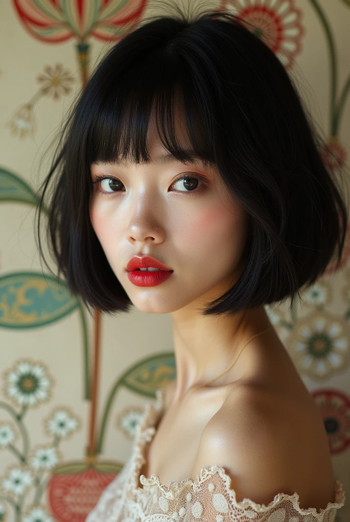 editorial photography,super detailed background,Super realistic,double exposure,depth of field,asian beauty super skinny vides,soft focus tone,narrative scene,Wabi-Sabi wallpaper,open Crimson lips,narrow eyes,super short bob-cut hairstyle,,Portrait photo of a woman with a single flower,negative fill,Photo with shadow effect with negative fill placed at the bottom,