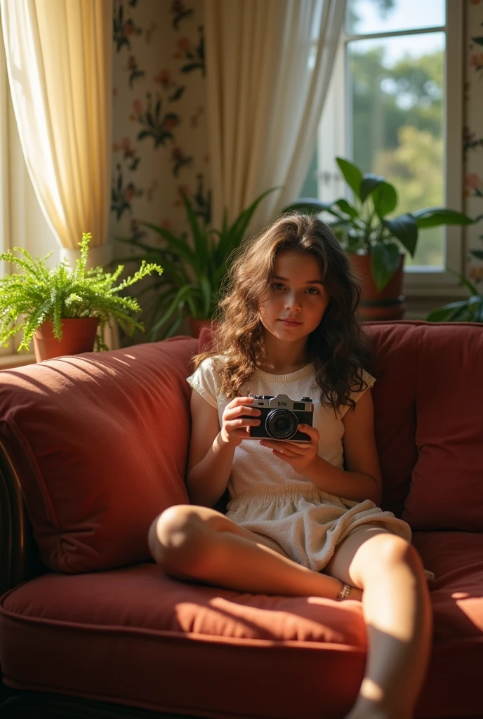 A brunette girl with curly hair and big breasts sits with her legs stretched out, taking a realistic photo