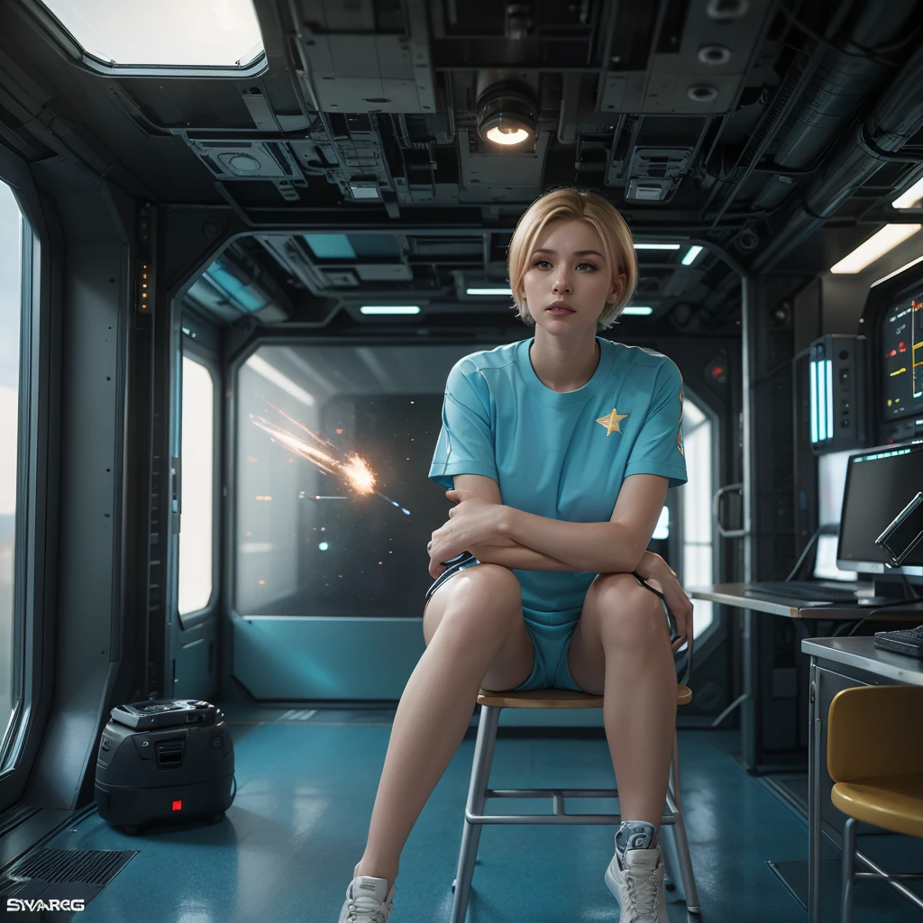 ((gorgeous realistic short hair blonde female 35 years age in a realistic futuristic space station)), in a large room, ((playing Computer Games)), ((sitting on a stool with display and glowing control surfaces)), she is wearing a teal and grey track suit, (photorealistic), (in light grey and teal T Shirt and slacks), (Style-Glass), (()), hdr, antialiased, 8k, ((syd mead)), sharp details, ((masterpiece)), (painterly), (good anatomy), (good proportions), (good composition), (dramapaint), (style-sylvamagic) you can see stars and nebula from the window