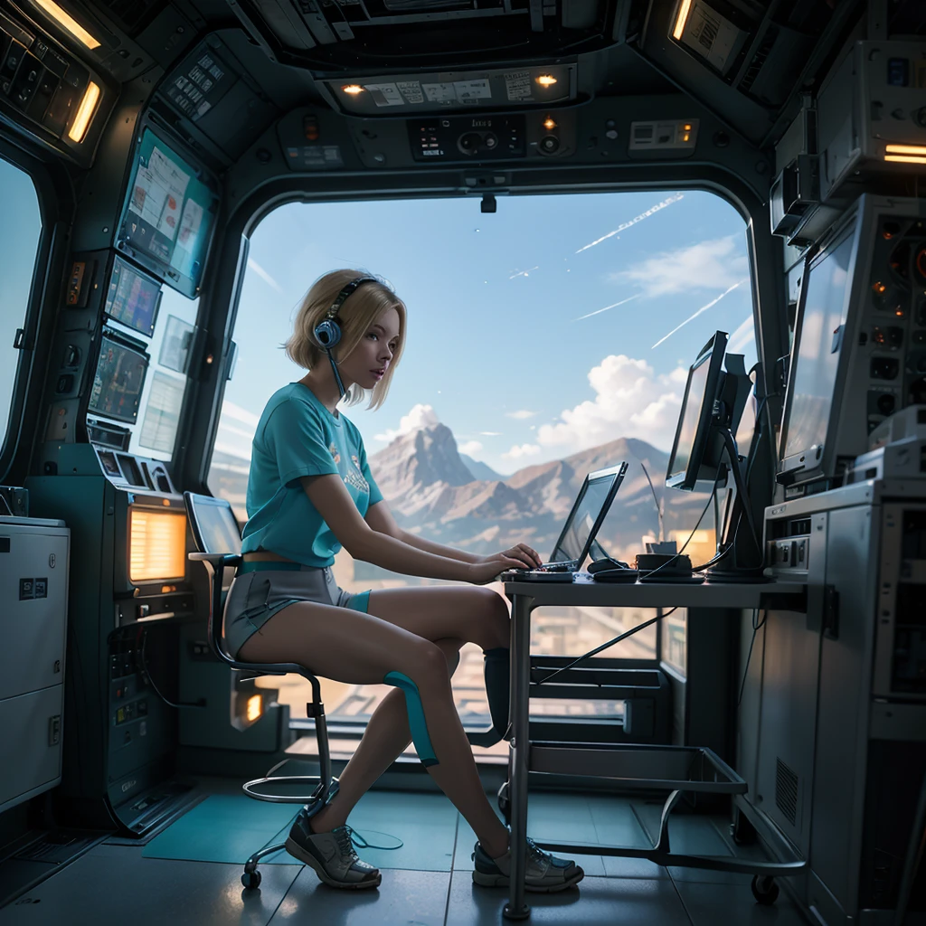 ((gorgeous realistic short hair blonde female 35 years age in a realistic futuristic space station)), in a large room, ((playing Computer Games)), ((sitting on a stool with display and glowing control surfaces)), she is wearing a teal and grey track suit, (photorealistic), (in light grey and teal T Shirt and slacks), (Style-Glass), (()), hdr, antialiased, 8k, ((syd mead)), sharp details, ((masterpiece)), (painterly), (good anatomy), (good proportions), (good composition), (dramapaint), (style-sylvamagic) you can see stars and nebula from the window