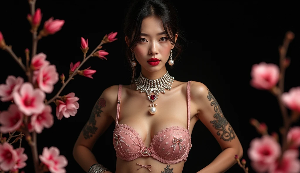 fashion wicked game eyes, rubindiamondearings, nude sexy big tits with nipples open bra open highly detailed red lips hyper all details glam front view japanies nude beautiful model crystal and large pearlsswarowsky chocker full front body with flower in the hair with japan style symmetric tattoo and sakura large flowers covered full body and red little paradise is sitting on the flower include hands comes from hips to the tits and waves black background photography in studio curve model 24 years 35 mm shot from the back 8k uhd soft light box cinematic volumetric