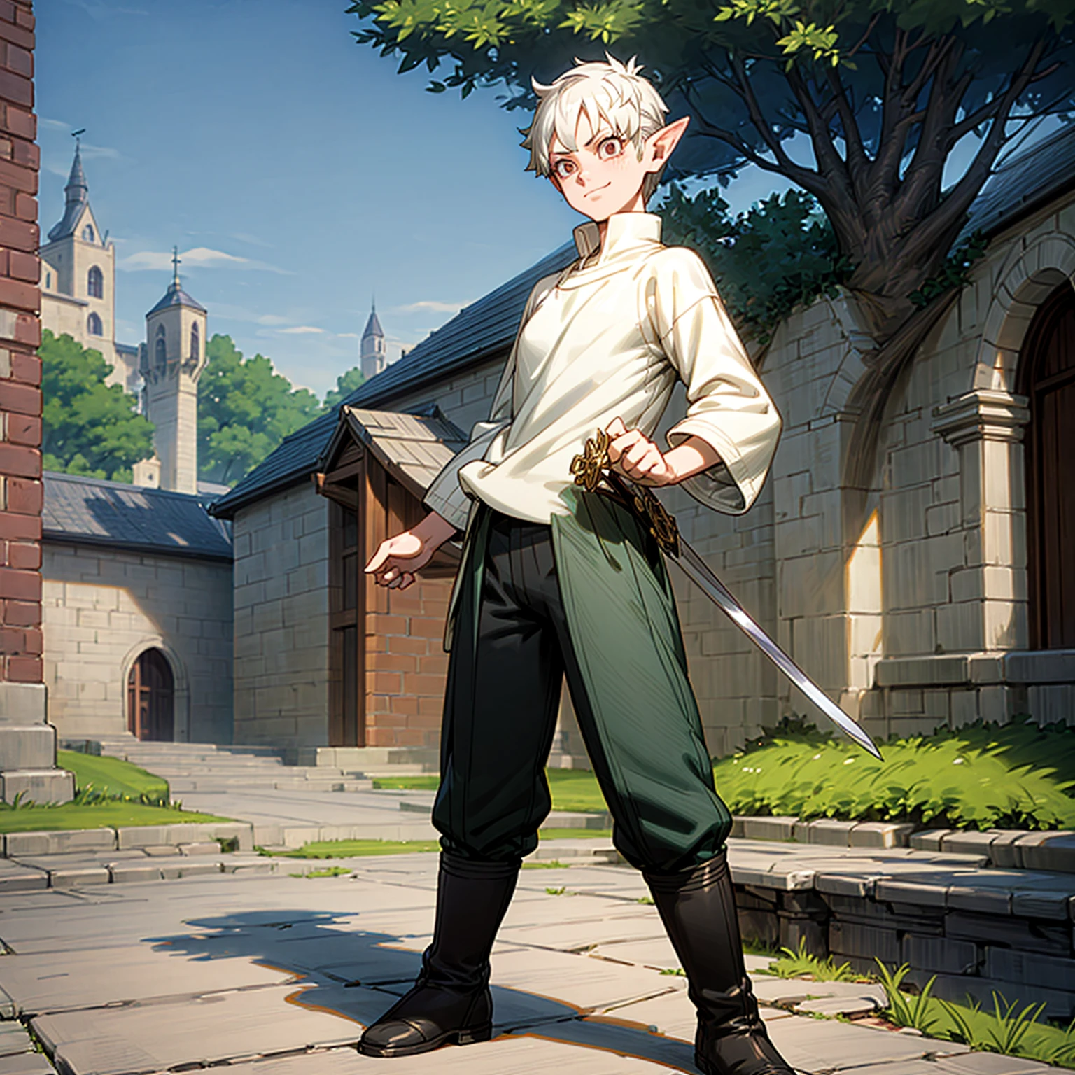 Solo character, full body version, young man, (elf), white eyes, white color hair, undercut hair, sweater clothing, black pants, boots, outdoor, town, medieval, standing gesture, detailed background, detailed clothing, detailed hair, (black clover style art), happy eyes, smile mouth, sword in hand 