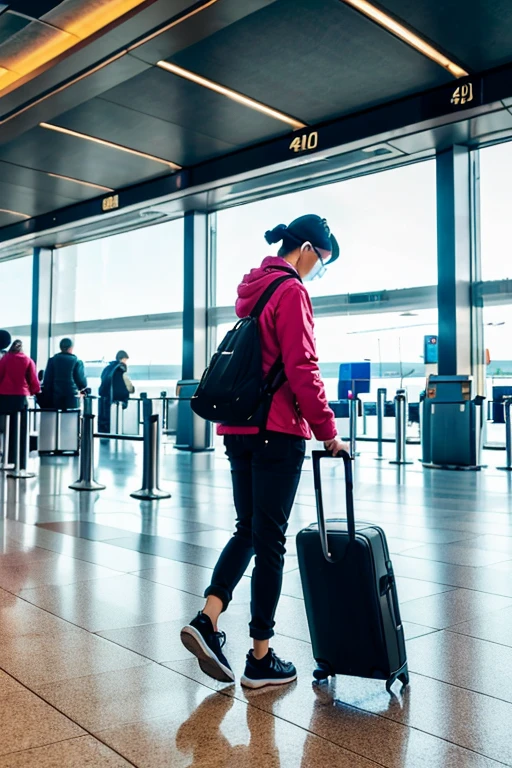 a blind person (Chinese) dragging luggage at the airport, using voice navigation on a smartphone, walking on the left side of the tactile paving, able to perceive the larger surrounding environment, [airport terminal] [modern architecture], [busy crowd], [luggage trolley], [sound of announcements], [directional signs], (smartphone:1.1) [voice guidance], [tactile paving], [assistive technology] to navigate, [assisting hands], [cane], (independence,confidence), [bright light], (best quality,4k,8k,highres,masterpiece:1.2) [vibrant colors], [natural lighting],