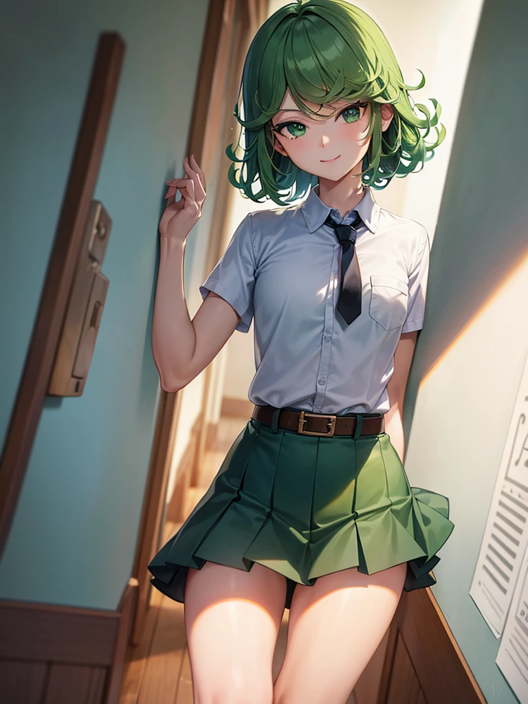 (high res, 8K, masterpiece, looking at viewer, best quality, very aesthetic, ultra detailed, ultra background, ultra Eyes) intricate details, 1girl, Tatsumaki, Chibi, body upright, both hands sideways, Green Short Hair, Green Eyes, short sleeved white shirt, Smile Face, pocket on left chest, wearing a Gray tie, light Blue short skirt, wear a belt, Background school hallway, School, Cinematic Angle