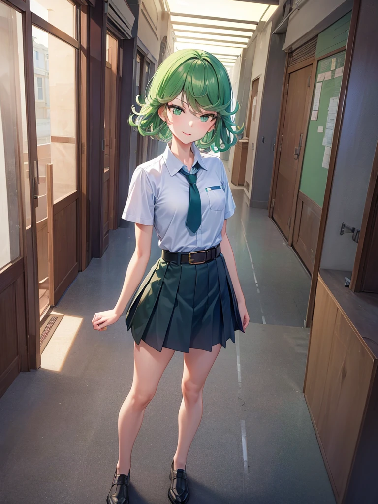 (high res, 8K, masterpiece, looking at viewer, best quality, very aesthetic, ultra detailed, ultra background, ultra Eyes) intricate details, 1girl, Tatsumaki, Chibi, body upright, both hands sideways, Green Short Hair, Green Eyes, short sleeved white shirt, Smile Face, pocket on left chest, wearing a Gray tie, light Blue short skirt, wear a belt, Background school hallway, School, Cinematic Angle