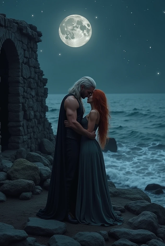 A handsome Aesthetic Naked Targaryen man having sex with a Beautiful Targaryen women on on a small ruined hut on a shore, they're having passionate sex,dark night background