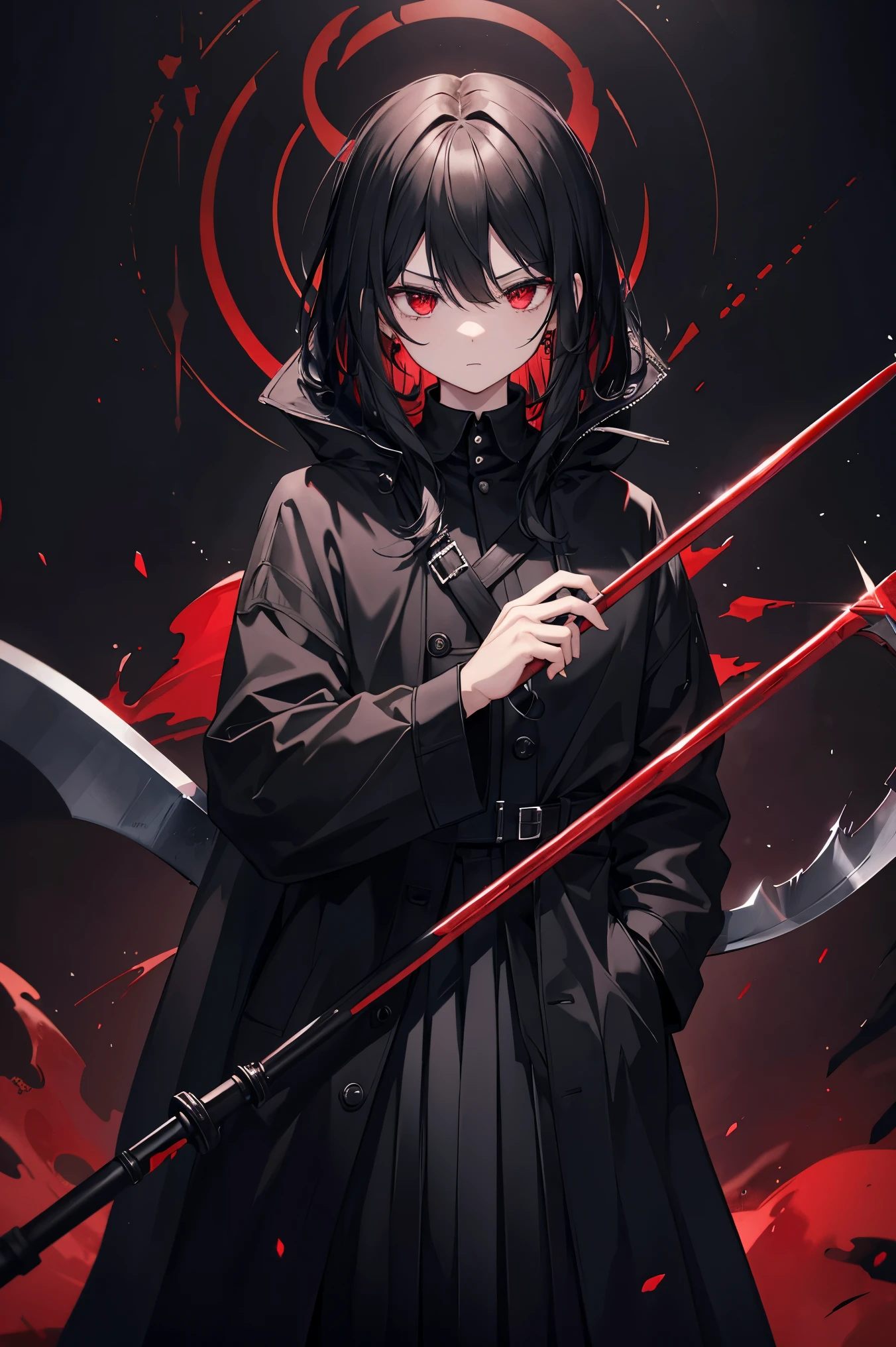 Black straight hair　He is wearing a long black coat over a black shirt　Wearing a black pleated skirt　Red eyes　In his right hand he holds a scythe with a metallic red blade