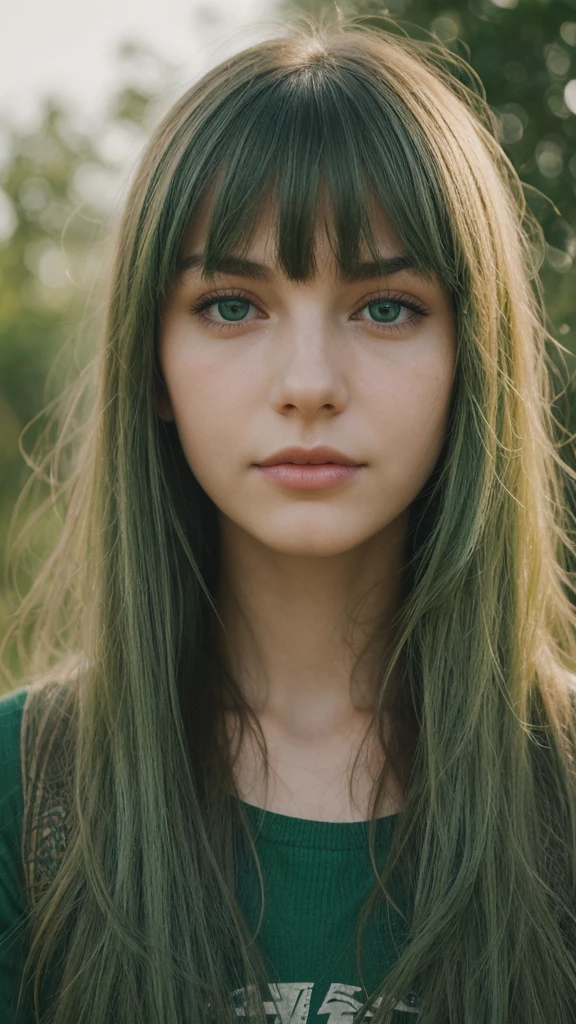 a girl. European. Extremely detailed face. Oval face. Delicate facial features. Half-closed eyes. Long straight hair. Messy hair. Bangs. Green hair. Green eyes. Lustful expression. sad mood. slight smile