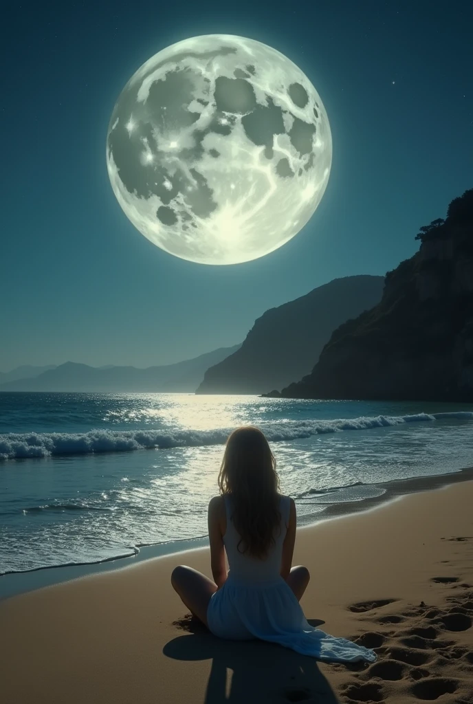 A by sitting at sand and see the sea and a big moon
