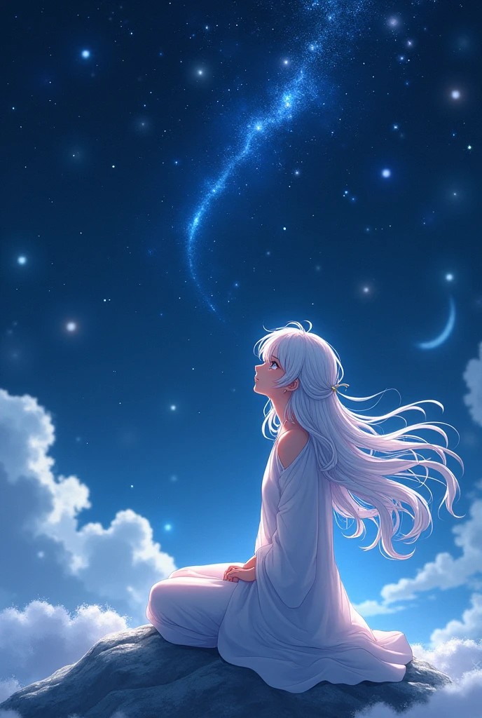 anime boy with white hair and white clothes sitting shooting star