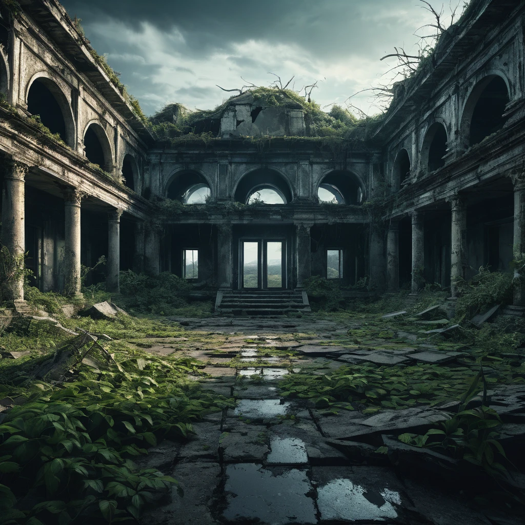 a desolated mind, surreal landscape, abandoned ruins, overgrown vegetation, cracked earth, gloomy atmosphere, dramatic lighting, cool color palette, moody cinematic composition, (best quality,4k,8k,highres,masterpiece:1.2),ultra-detailed,(realistic,photorealistic,photo-realistic:1.37),dark fantasy,conceptual art,intricate details