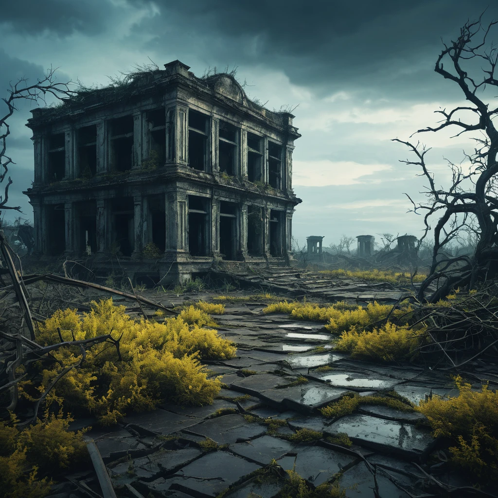 a desolated mind, surreal landscape, abandoned ruins, overgrown vegetation, cracked earth, gloomy atmosphere, dramatic lighting, cool color palette, moody cinematic composition, (best quality,4k,8k,highres,masterpiece:1.2),ultra-detailed,(realistic,photorealistic,photo-realistic:1.37),dark fantasy,conceptual art,intricate details