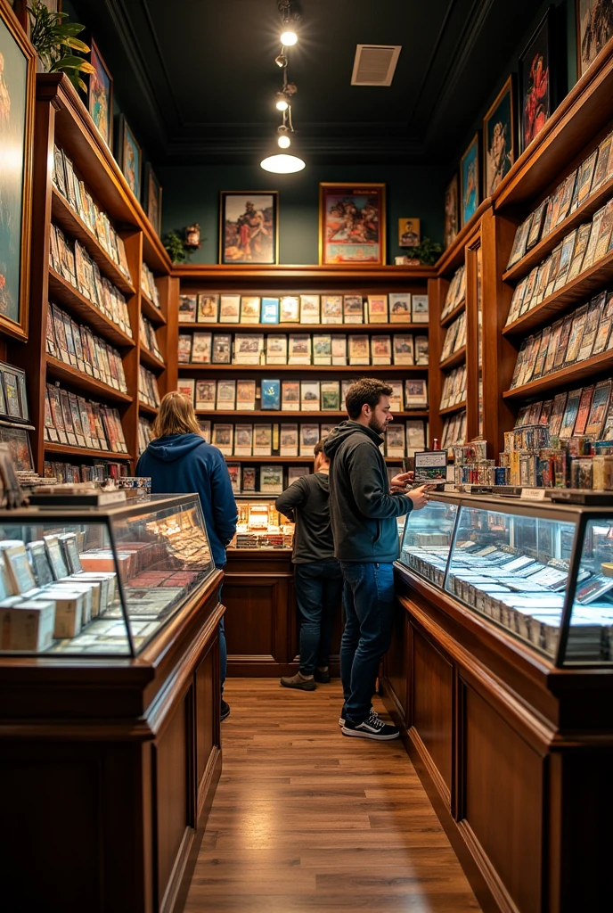 A picture of cards attractively displayed in a trading card shop