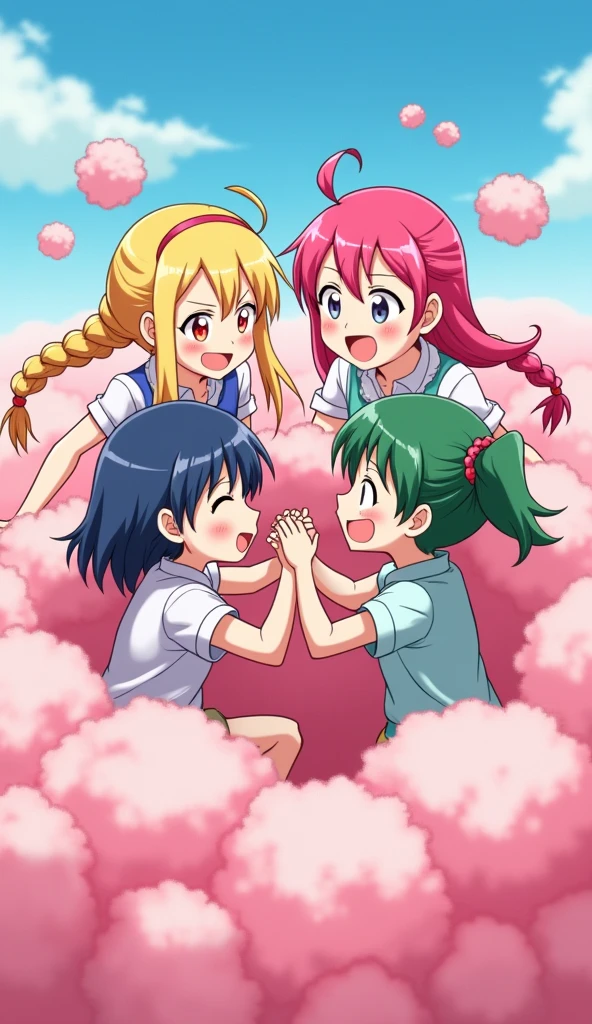 An anime-style illustration depicting four girls and adult woman playfully wrestling with each other inside a pink comical fight cloud (dust cloud).
each girl has different  colored hair: one with blonde braided,another  with pink ponytaile,and one with blue bobcuts,and one with green twin tailes and one adult woman with black long hiar.
their faces,hands,and feet are visible emerging from the cloud as they tussle humorously,  with the rest of their bodies completely hidden inside the cloud.
the illustration emphasizes the humorous and energetic nature of their scuffle,with a fluffy  andexaggerated fight cloud.