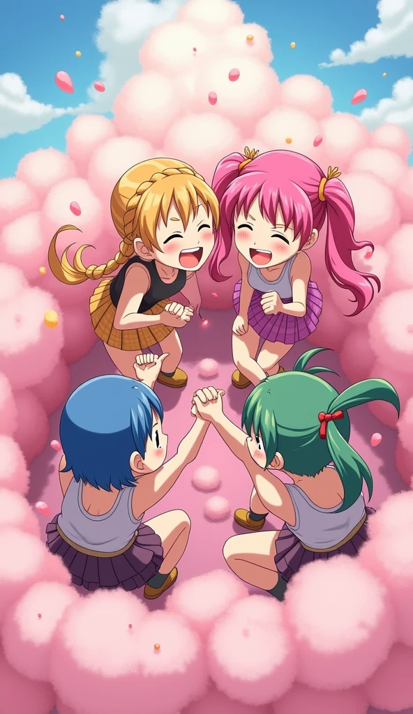 An anime-style illustration depicting four girls and adult woman playfully wrestling with each other inside a pink comical fight cloud (dust cloud).
each girl has different colored hair: one with blonde braided,another with pink ponytaile,and one with blue bobcuts,and one with green twin tailes and one adult woman with black long hiar.
their faces,hands,and feet are visible emerging from the cloud as they tussle humorously, with the rest of their bodies completely hidden inside the cloud.
the illustration emphasizes the humorous and energetic nature of their scuffle,with a fluffy andexaggerated fight cloud.