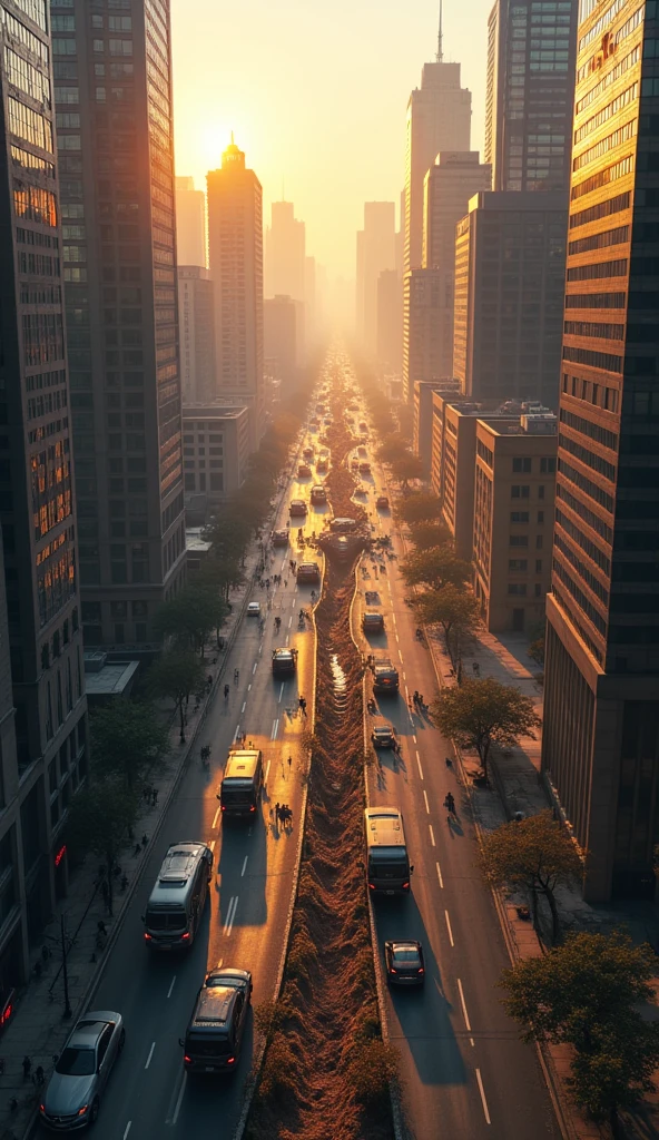 Image In the city in the morning in the middle of the road tall buildings . Top view looking down on the road The scene is shaking There is a deep crack under the road .underground space cracks hundreds of giant spiders crawled out from the cracks, including spiders as big as cars rescue forces and the army were quickly mobilized. They tried to deal with the spiders by shooting cannons and using special equipment., But the spiders are too strong and difficult to control..
