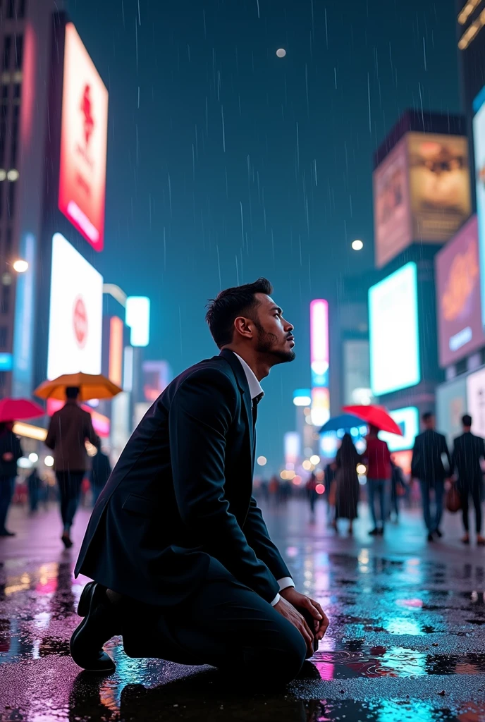 Animate 8k quality pictures of a man wearing black suit nealing down and crying lifting his head looking the sky surrounded by buildings have billboards on the road at night the Sky and clouds and stars are clear of high quality and it's raining 8k and people carrying umbrella passing him