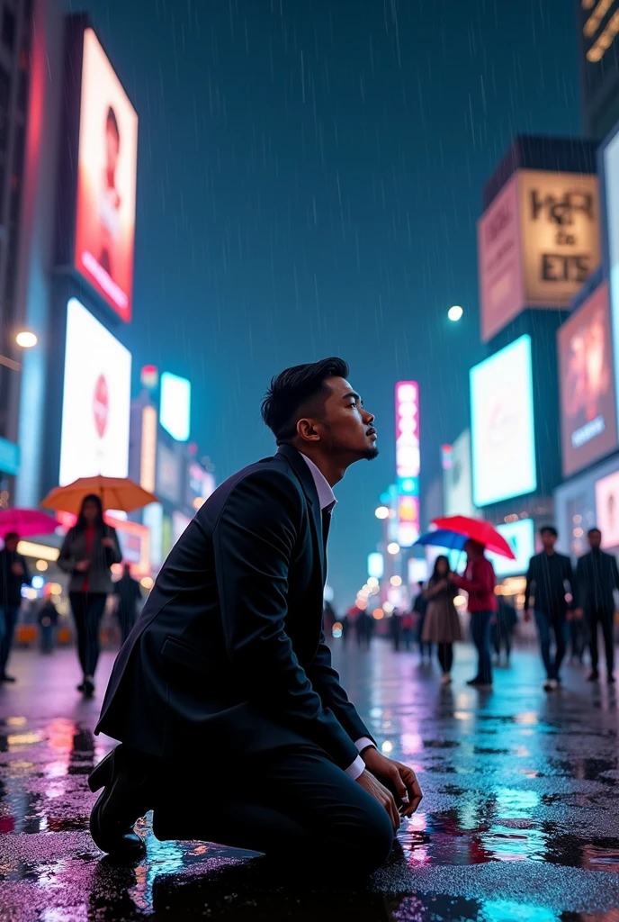Animate 8k quality pictures of a man wearing black suit nealing down and crying lifting his head looking the sky surrounded by buildings have billboards on the road at night the Sky and clouds and stars are clear of high quality and it's raining 8k and people carrying umbrella passing him