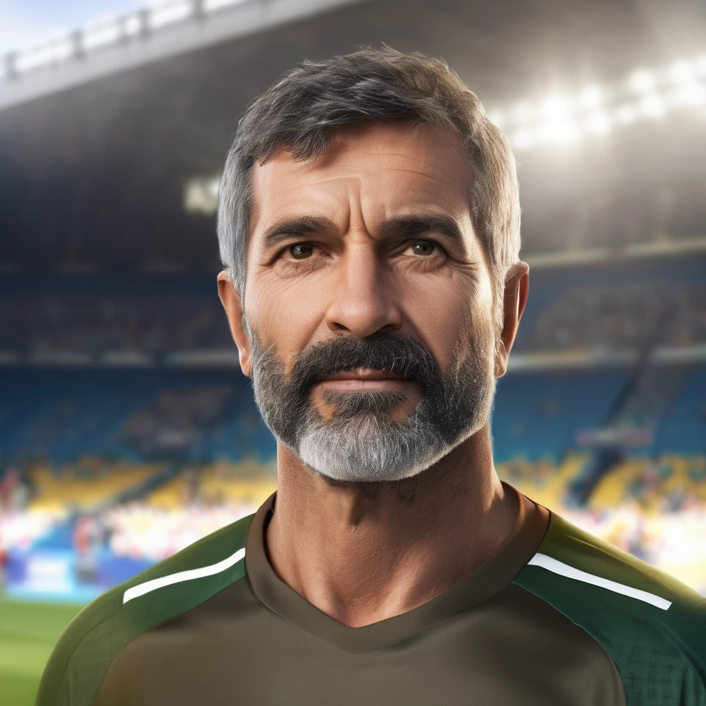 A headshot of a Brazilian male soccer coach in his 50s, facing front, wearing simple sportswear, with brown short hair, a beard, and a dignified expression, (best quality,4k,8k,highres,masterpiece:1.2),ultra-detailed,(realistic,photorealistic,photo-realistic:1.37),studio lighting,extremely detailed eyes and face,longeyelashes,portrait,photograph,sharp focus,physically-based rendering,professional,vivid colors